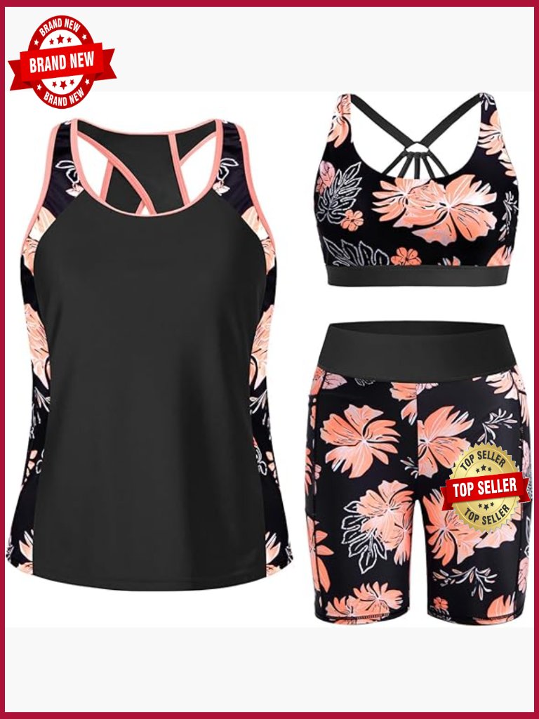 Tankini Swim Set Athletic Top Boyshorts Modest Swimwear